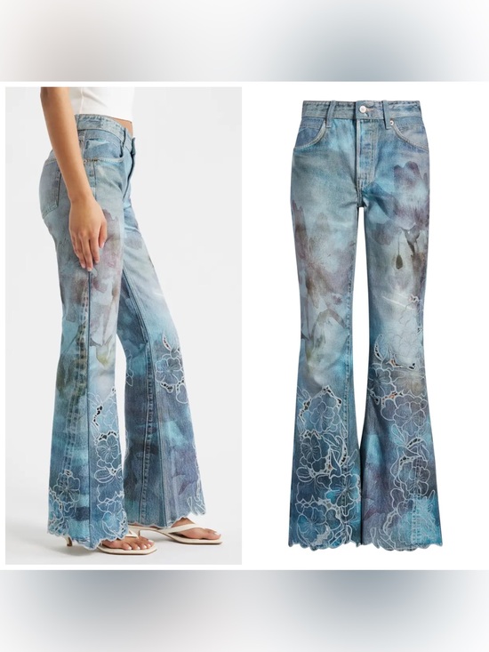 Free People Denim - Blue Floral Embroidered Flare Jeans - Women's